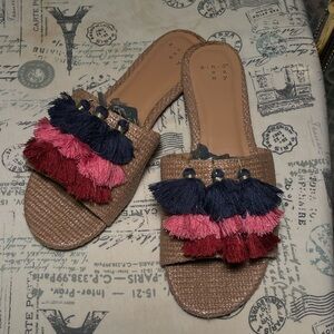 Women's New Day Tan Sandals with Pink and Blue Tassels